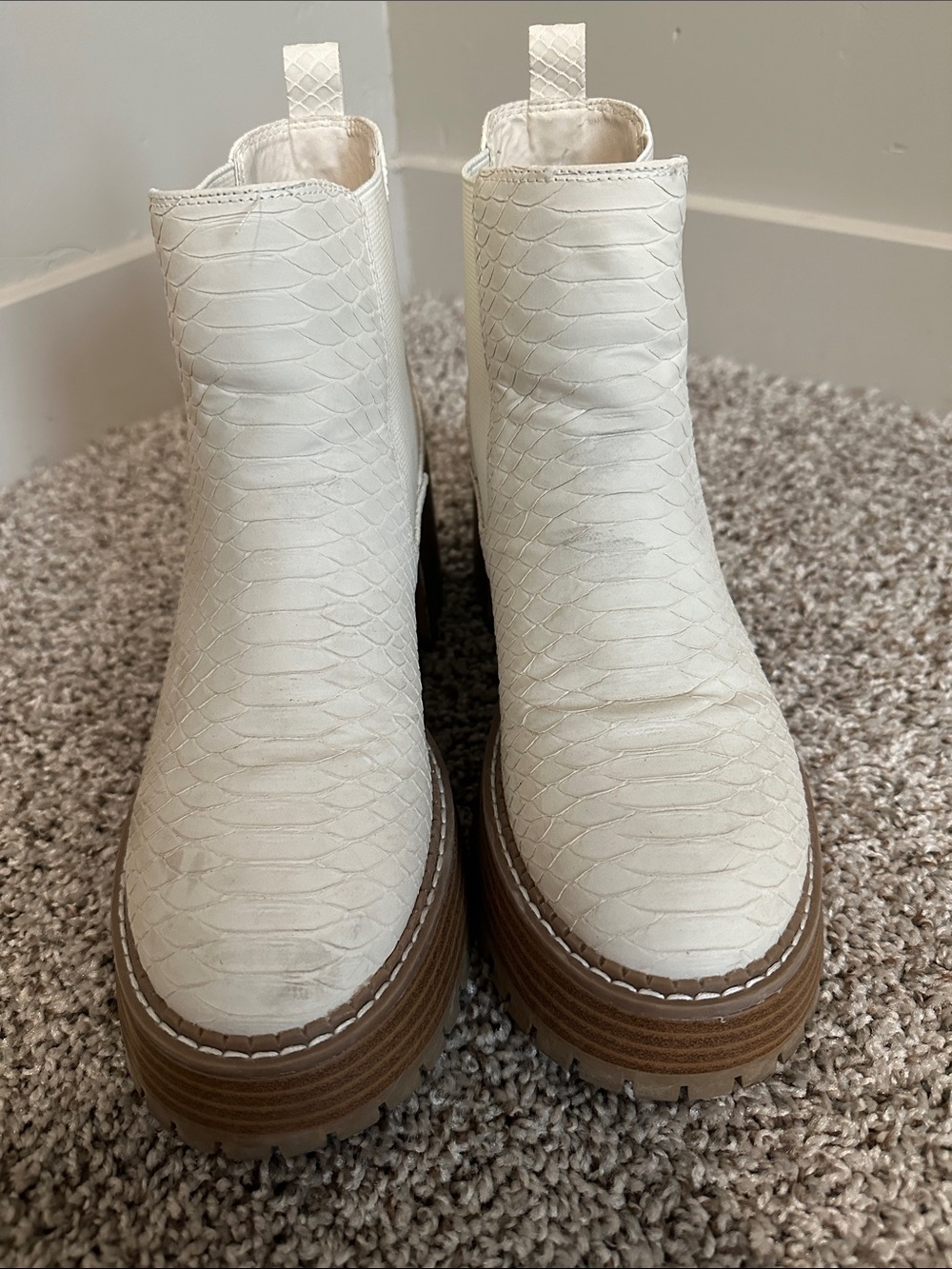 MIA Cream Croc-Embossed Platform Chelsea Booties